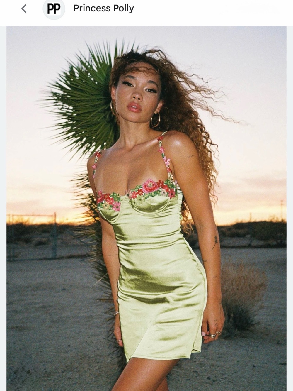 Princess Polly Olive Green Satin Chemise with Pink Floral Embroidery
